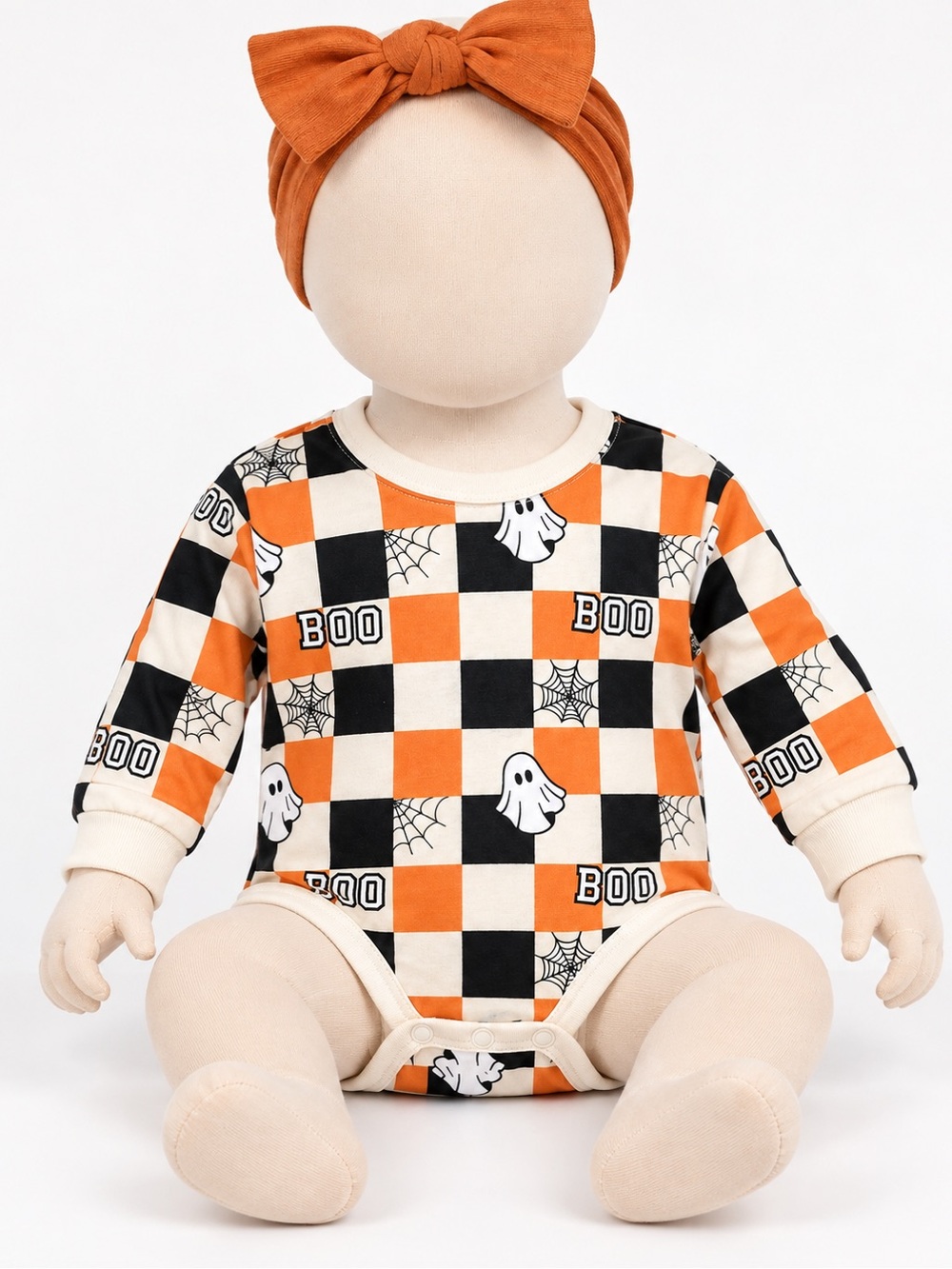 Halloween Checkered Baby One-Piece Bodysuit in Orange, Black & Cream